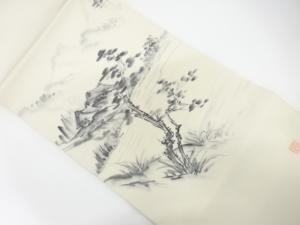 作家物　塩瀬　手描き　山水模様　名古屋帯